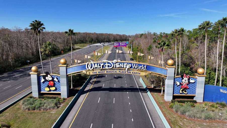 A shot of the Disney World entrance from a drone.