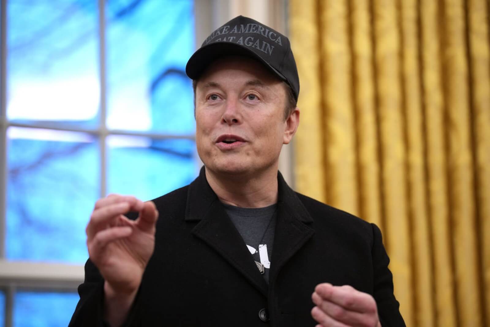 Tesla CEO Elon Musk gestures while standing in the Oval Office.