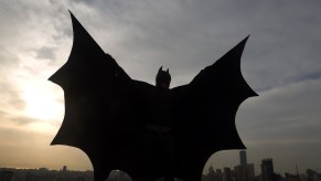 Man wearing Batman costume holds up his cape on a rooftop, a city skyline visible in the background.
