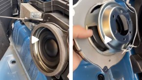 Stereo technician demonstrates the fake subwoofer and amplifier installed in a Ford Bronco