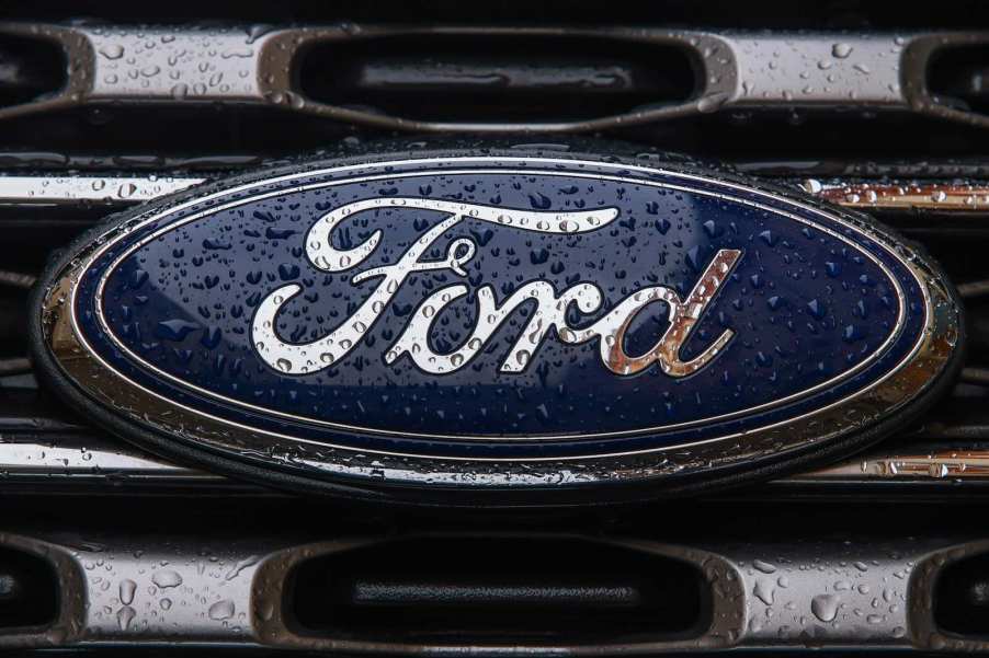 The Ford logo on the grille of a vehicle recalled over brake failure.