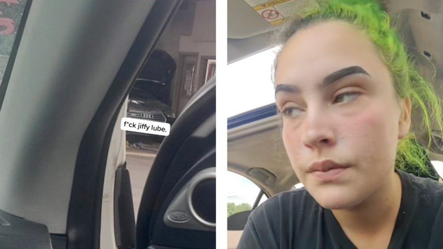 On the left, a photo of an Audi with its transmission oil drained in a Jiffy Lube, on the right TheLadyLancer tech talks to TikTok