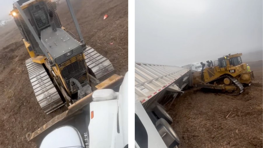 Images of landfill bulldozer blocking semi truck and tipping over its trailer.
