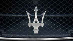 The Maserati logo on the grille of a car stolen from the Turo app