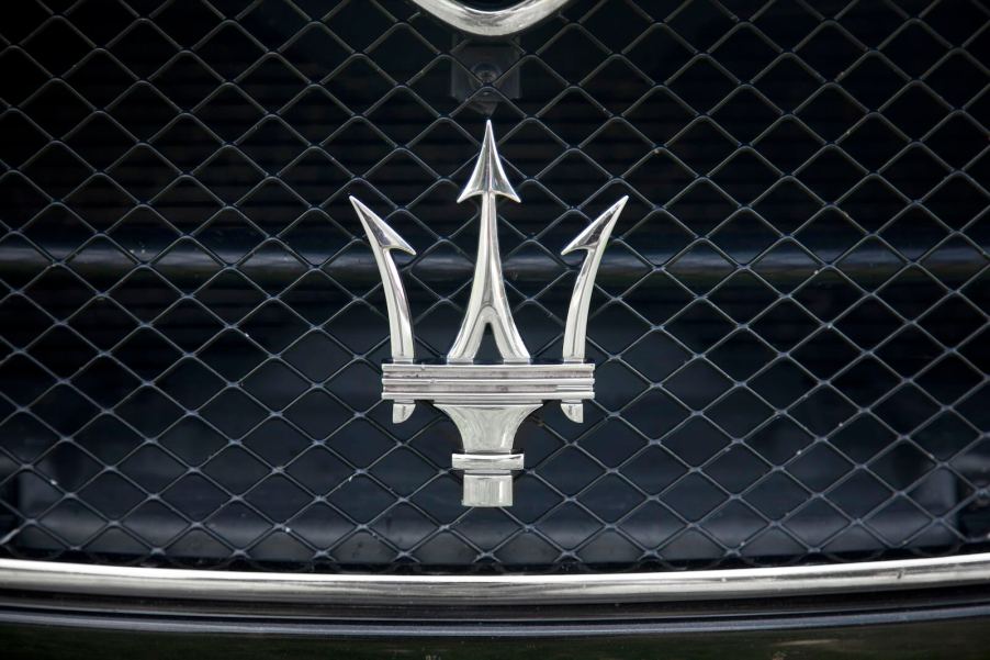 The Maserati logo on the grille of a car stolen from the Turo app