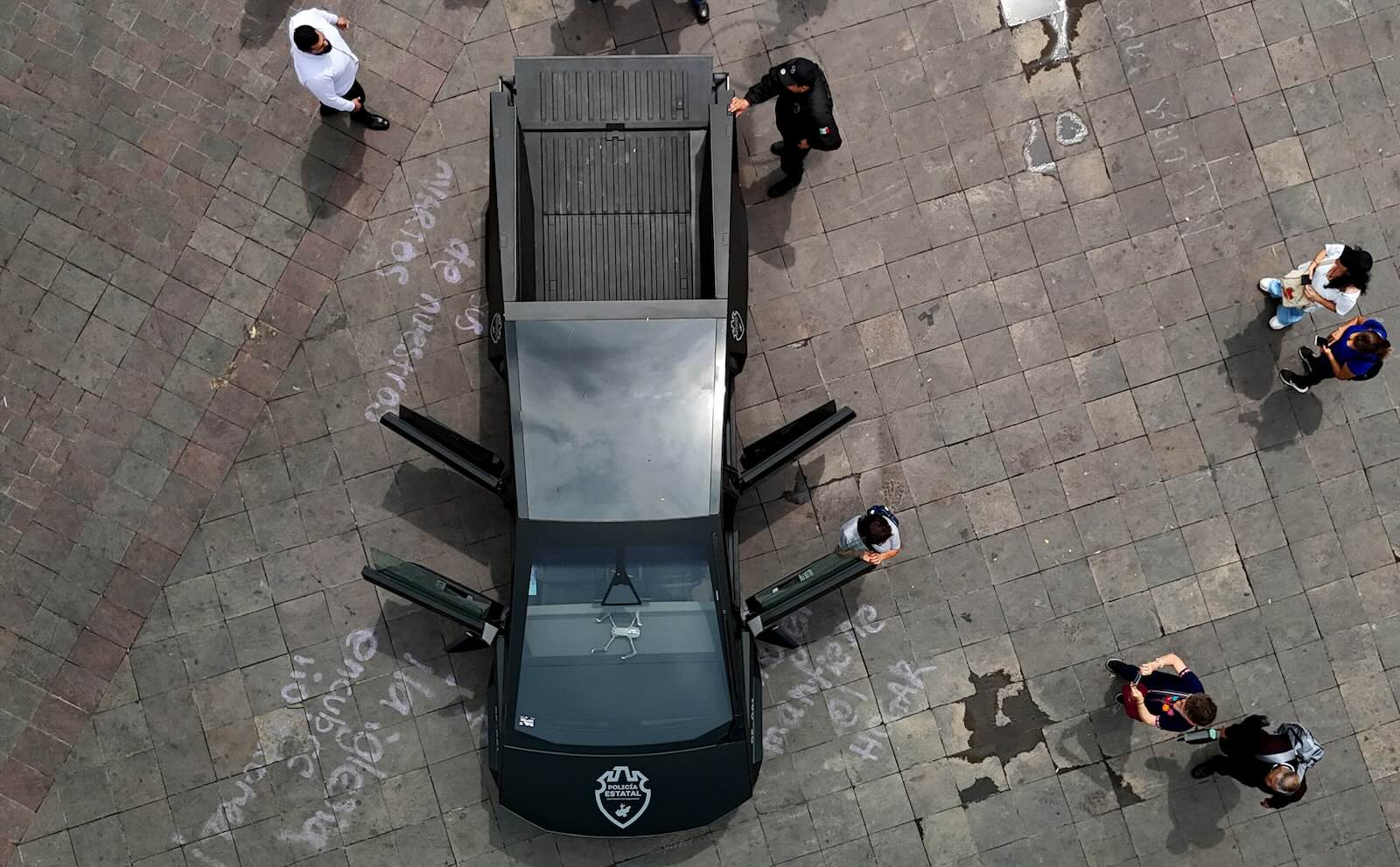 Overhead view of a Tesla Cybertruck used by military police in Mexico.
