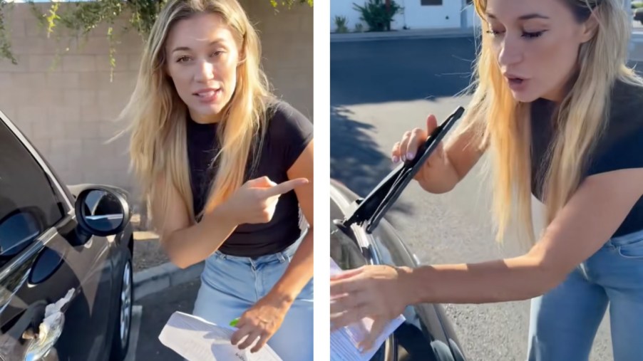 TikToker demonstrates a carjacking attempt with a flier or money under the rear windshield wiper.