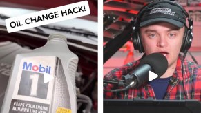 On the left, TikToker demonstrates oil change hack on his Toyota Tacoma, on the right he speaks into the microphone
