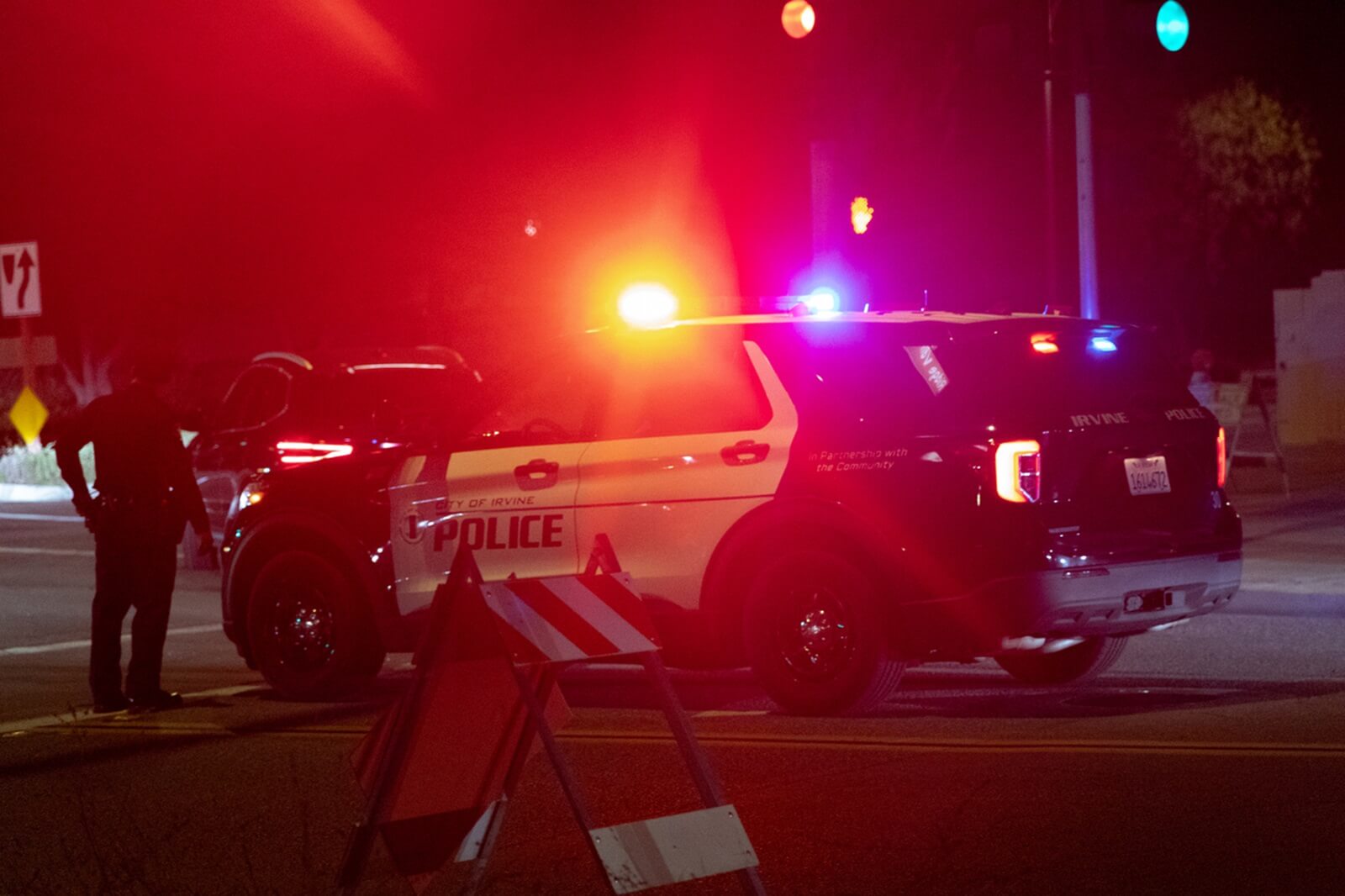 A police SUV responds to a crash in Orange County caused by speeding.