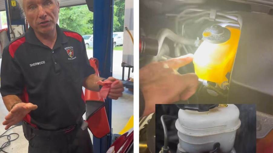 A split-screen image of a pro mechanic showing drivers how to prep and check a car for a road trip.