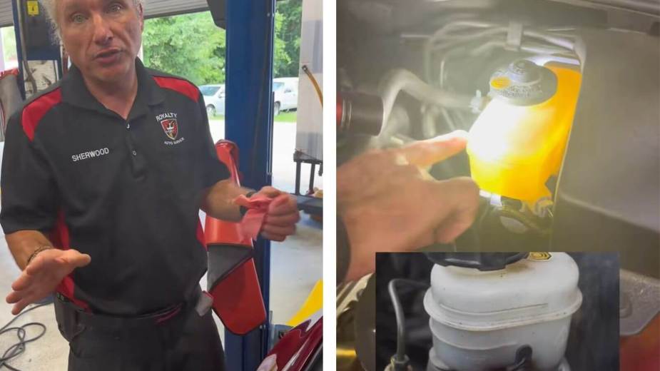 A split-screen image of a pro mechanic showing drivers how to prep and check a car for a road trip.