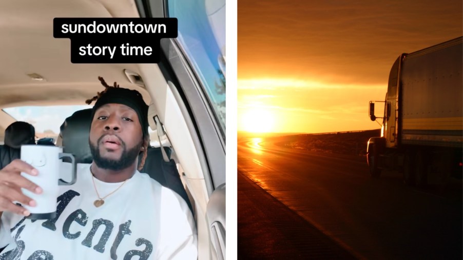 On the left, a truck driver tells his sundown town story, on the right, a semi truck drives into the sunset