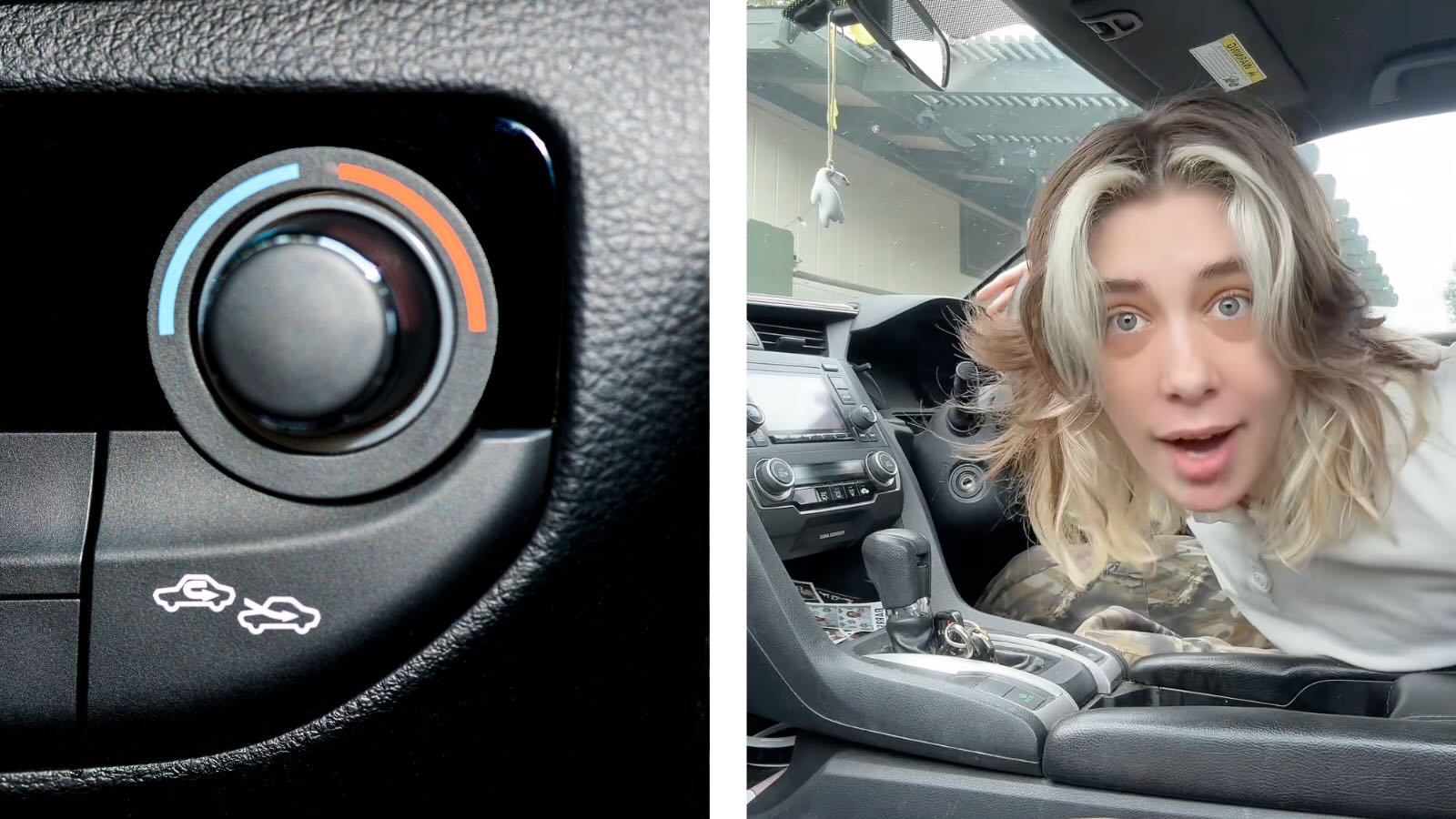 On the left, the recirculation button in a car's AC or HVAC system. On the right, TikToker OnlyJayUs warns about CO2 on long trips
