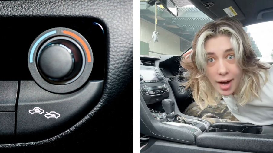 On the left, the recirculation button in a car's AC or HVAC system. On the right, TikToker OnlyJayUs warns about CO2 on long trips