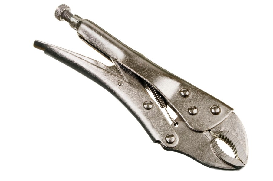 Pair of Vise-grip pliers hand tools on a white background.