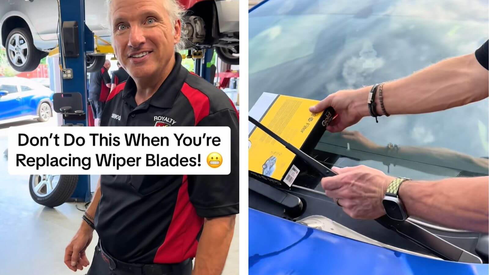 A split-screen image of a mechanic giving advice on installing windshield wipers to avoid disaster.