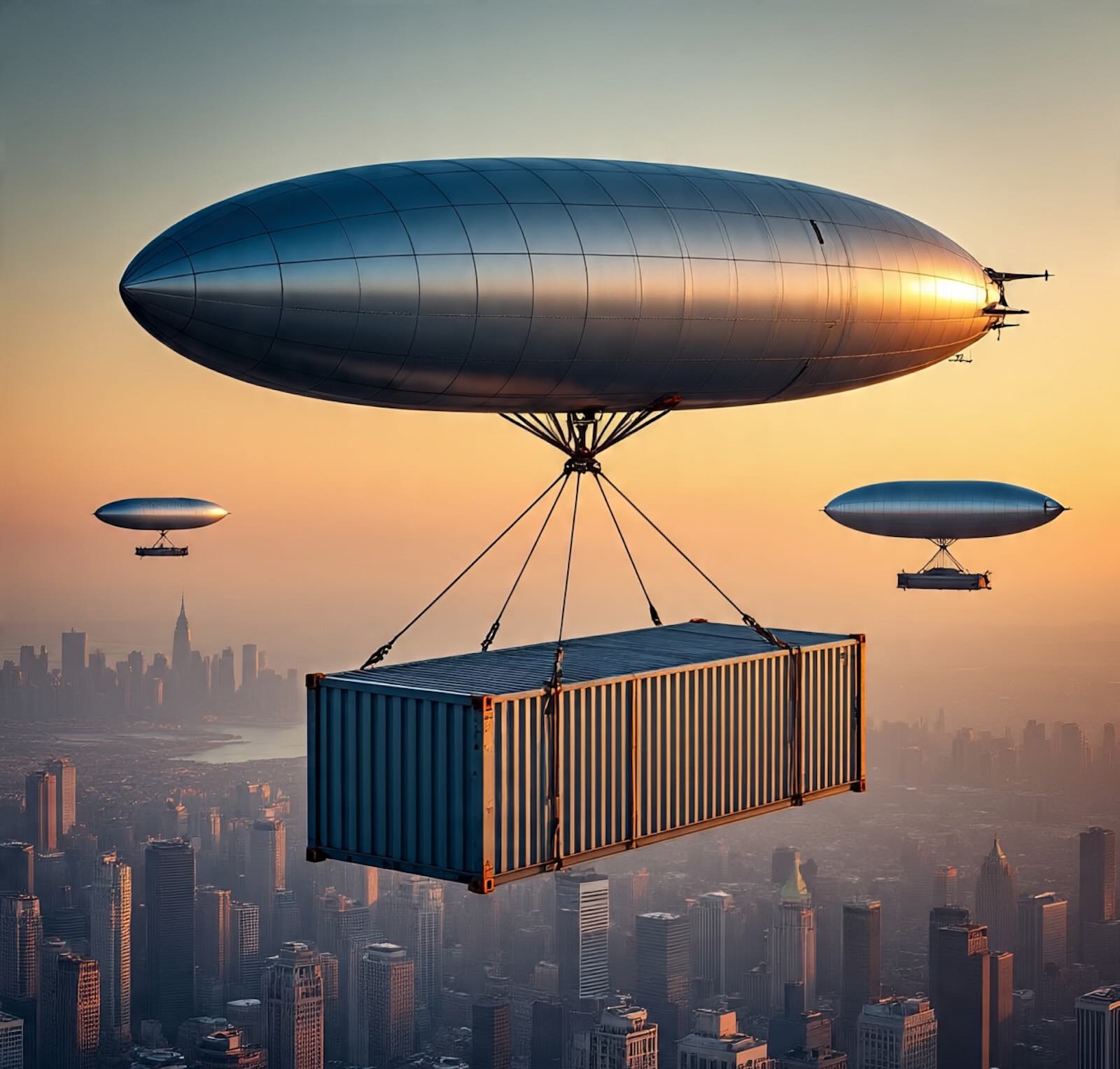 Huge silver airships carry freight shipping containers over Manhattan, the setting sun visible in the background.
