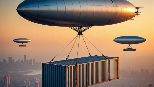 Huge silver airships carry freight shipping containers over Manhattan, the setting sun visible in the background.