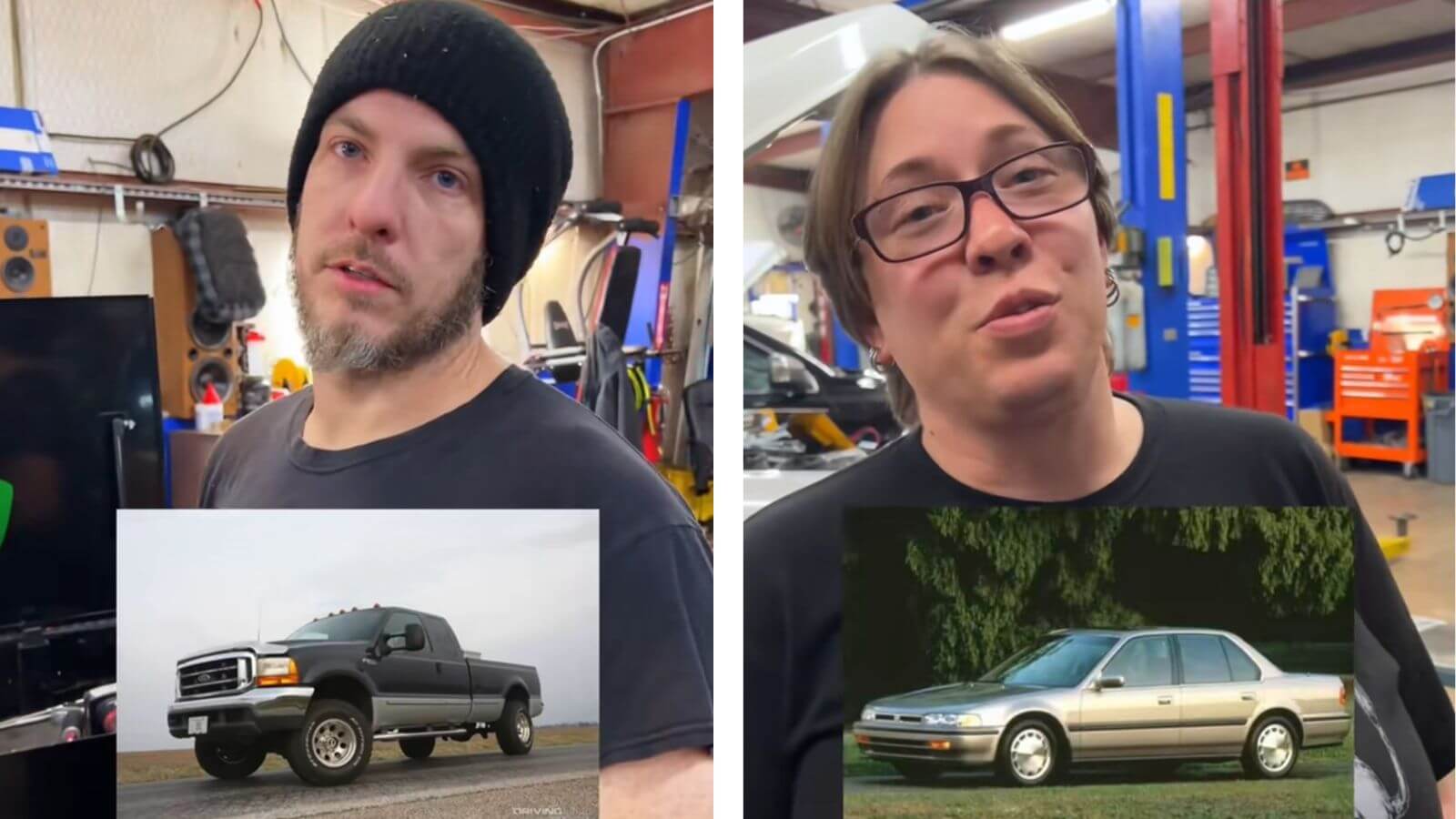 A split screen image of mechanics on TikTok sharing their picks for the most reliable car to hit high mileages.