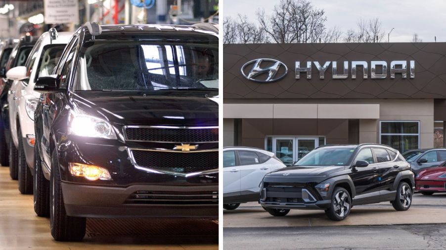 Left: A line of Chevrolet SUVs at a Lansing, MI, GM factory in 2010, Right: Exterior view of a Hyundai dealership