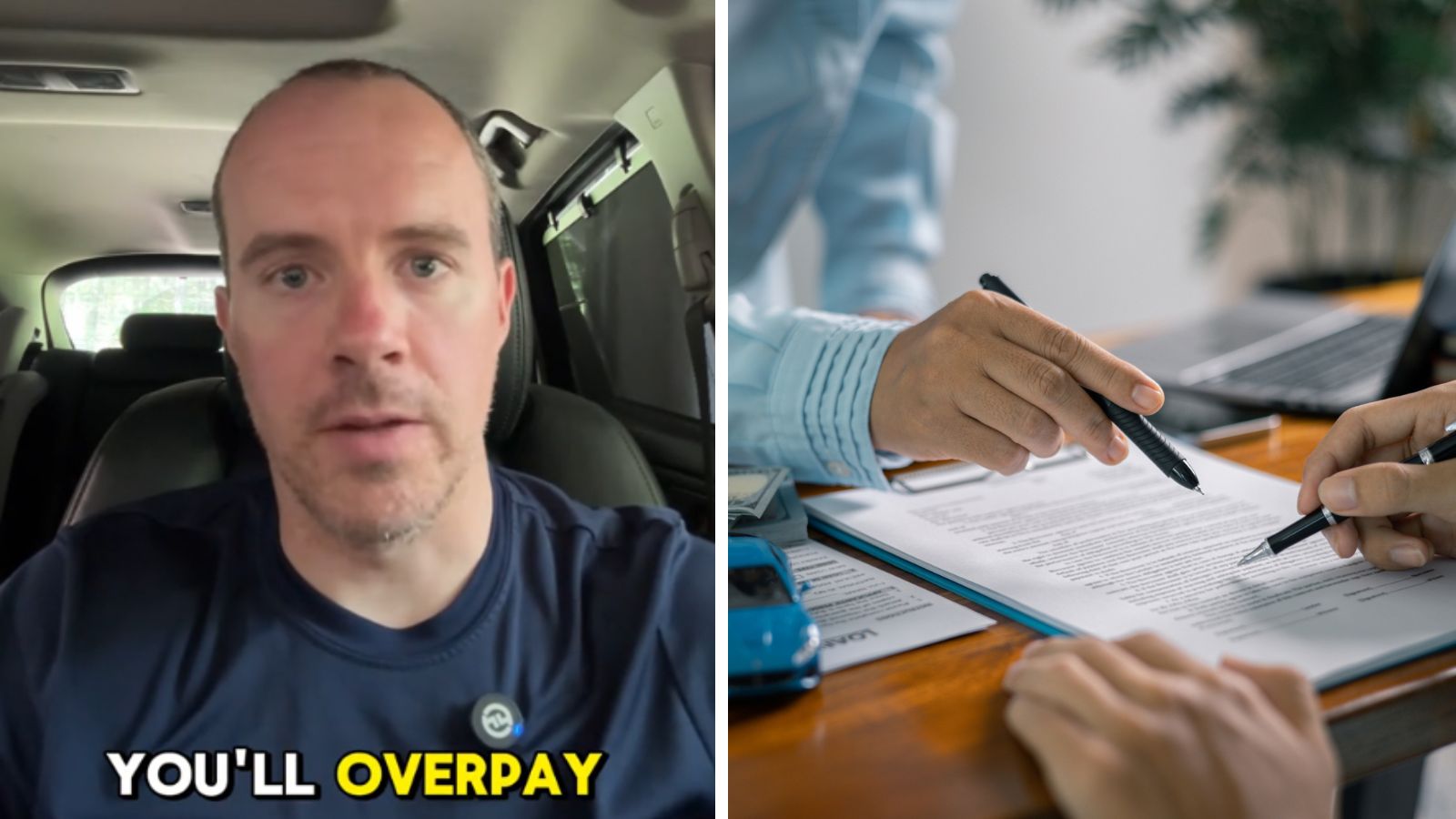 Left: TiKToker explains how to negotiate a good car payment, Right: A car salesman guiding a buyer through a loan application