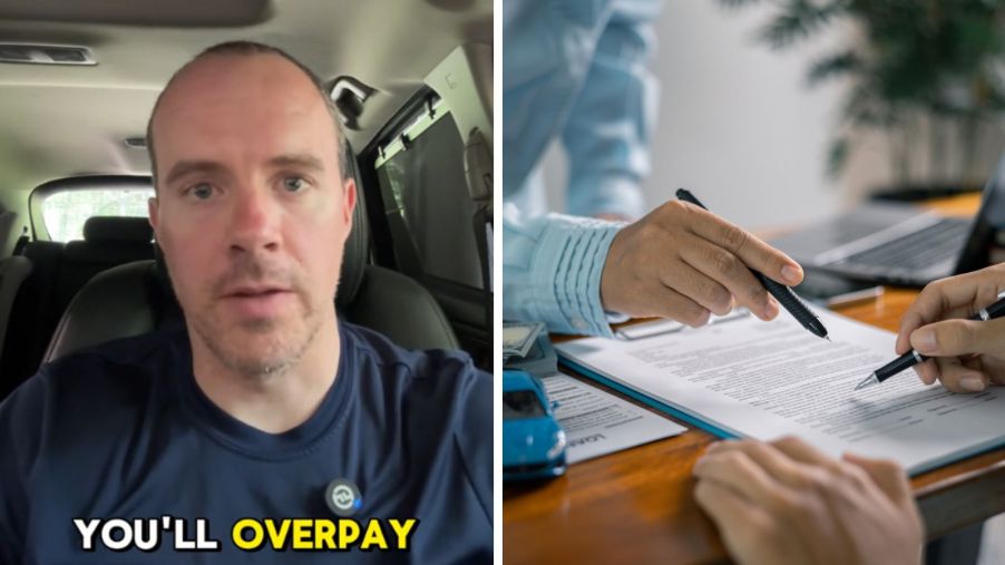 Left: TiKToker explains how to negotiate a good car payment, Right: A car salesman guiding a buyer through a loan application
