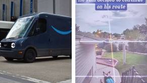 A split image of an Amazon driver out cold and a van.