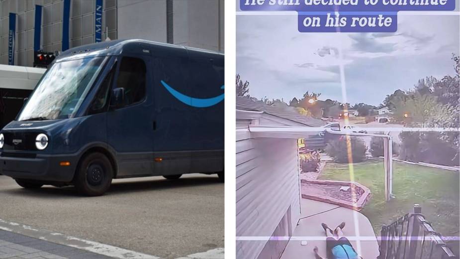 A split image of an Amazon driver out cold and a van.
