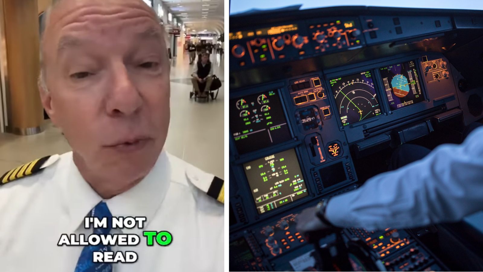 Left: a commercial airline pilot talks to the camera, Right: an airplane cockpit with pilot arm on control