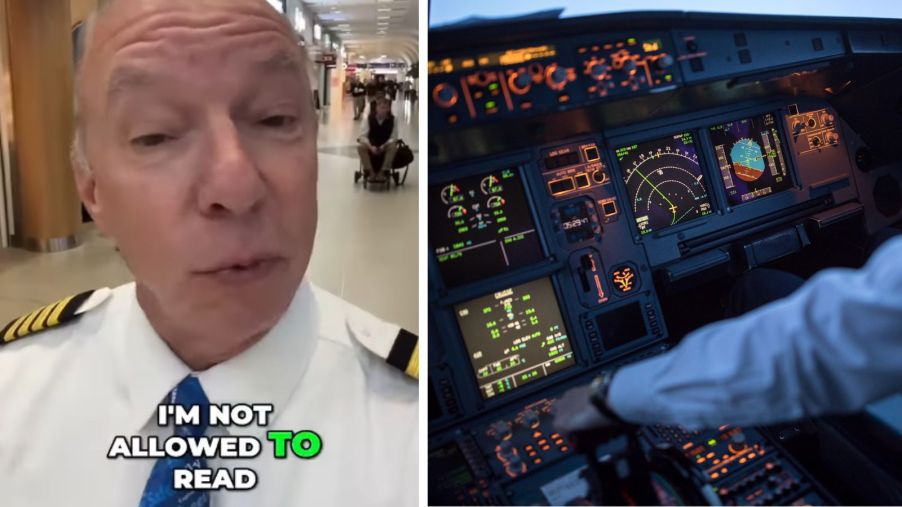 Left: a commercial airline pilot talks to the camera, Right: an airplane cockpit with pilot arm on control