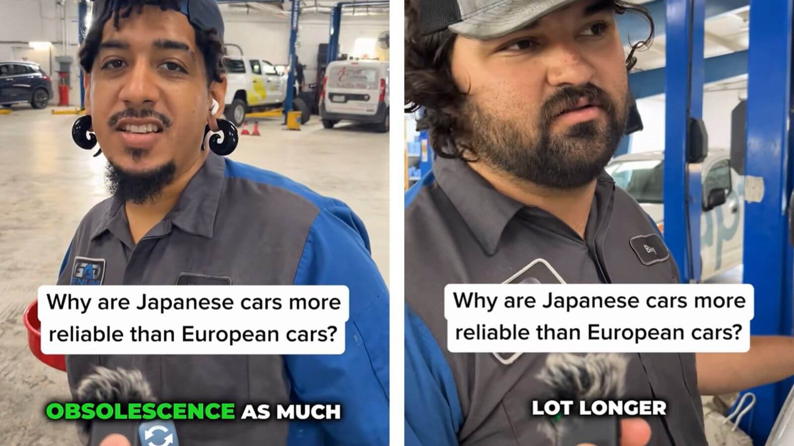 A split screen image of mechanics discussing why Japanese cars are more reliable than European models.