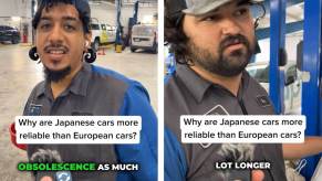 A split screen image of mechanics discussing why Japanese cars are more reliable than European models.