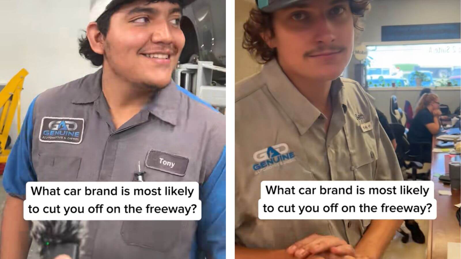 A split screen image shows mechanics suggesting that Nissan drivers are the worst around.