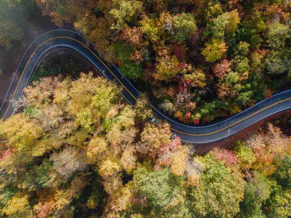 An aerial view of the Tail of the Dragon road in Tennessee during the fall