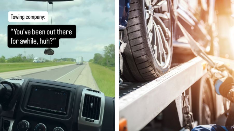 Left: 1st person view of a Progressive Insurance policyholder stuck on the side of the road, Right: A tow truck drive loading up a car in very close view of wheel and flatbed truck