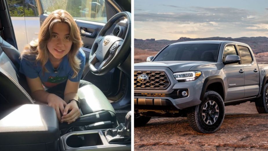 Left: A Tacoma owner explains her 1 gripe about the cupholders, Right: A 2020 Toyota Tacoma parked in the desert in left front angle view