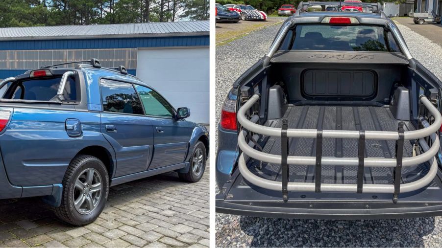 Two shots of a blue 2006 Subaru Baja listed on Bring a Trailer