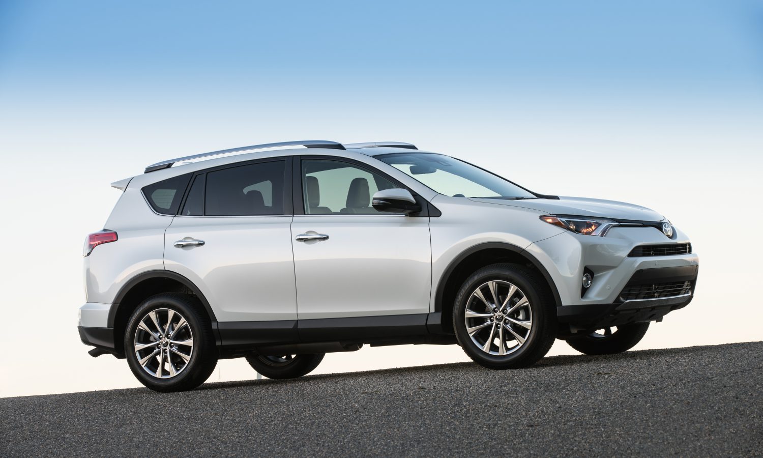 A white 2017 Toyota RAV4 parked in right profile view