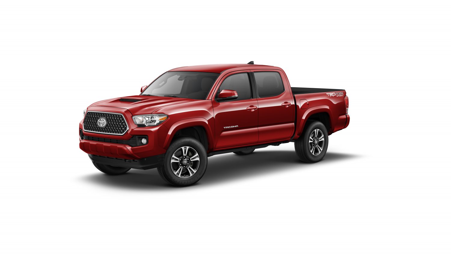 A red 2019 Toyota Tacoma parked on a white background in left front angle view