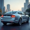 Silver Ford Mustang Mach 4 sedan rendering, the city visible in the background.