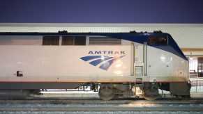 Amtrak train engine parked in a station in Pittsburgh