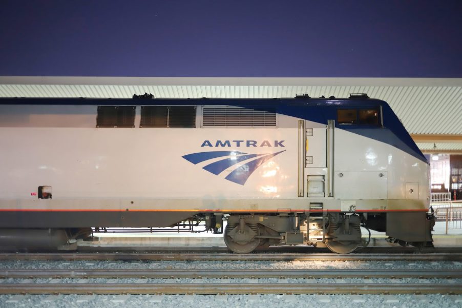 Amtrak train engine parked in a station in Pittsburgh