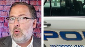 On the left, Attorney Hampton discusses police saying they smell marijuana during a traffic stop, on the right a cruiser squad car