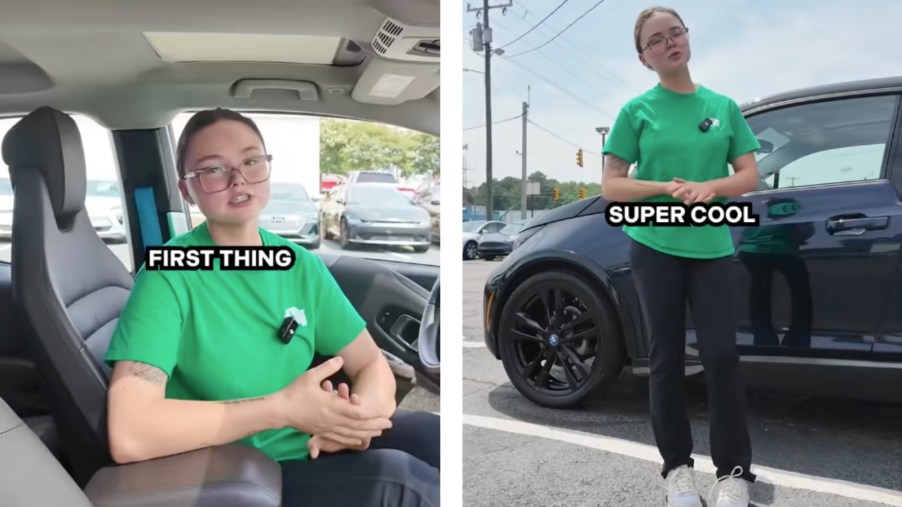 Car salesperson reviewing a BMW i3 range-extended hybrid EV, sitting inside on the left and standing next to the car on the right.