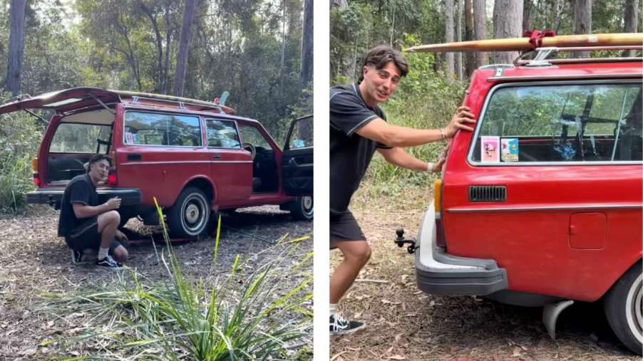 TikToker Finn Landry starting a red Volvo in the woods by jacking up a rear wheel.