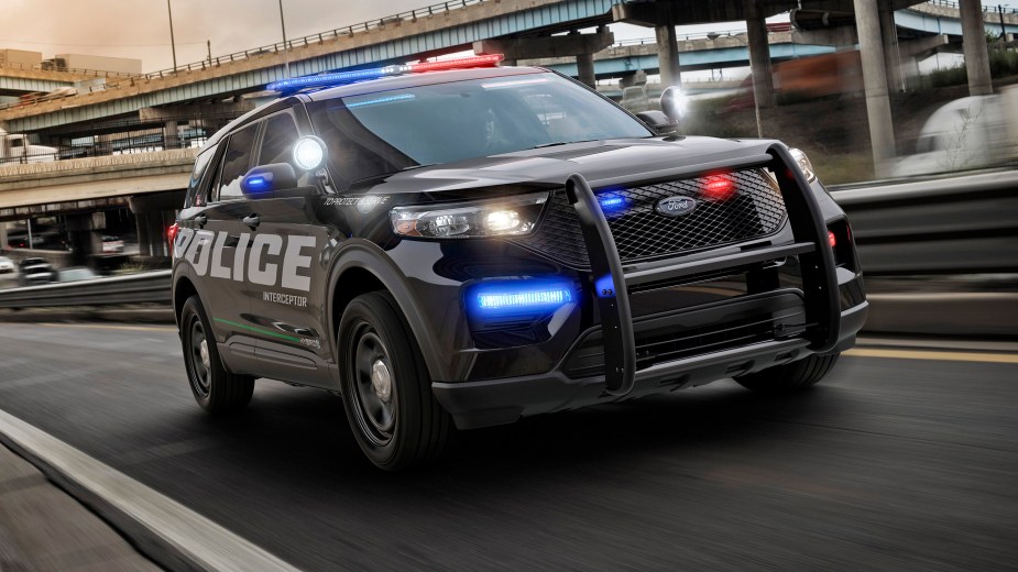 A Ford Explorer police interceptor on the road