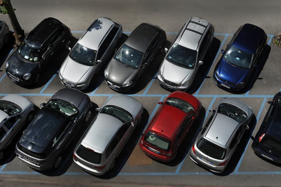 An aerial view of a busy parking lot.