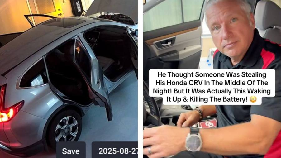 A split screen image shows a mysterious Honda CR-V at a mechanics' shop.