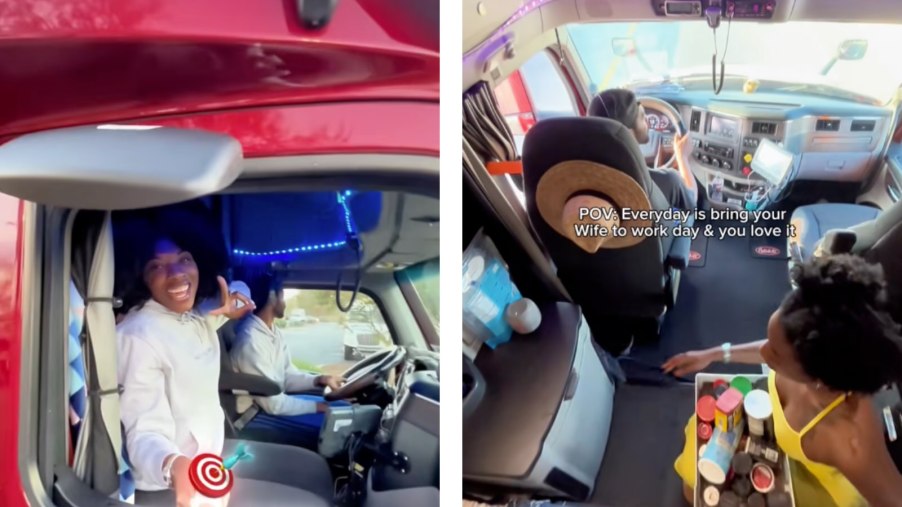 Couple in the cab of their Semi truck home with a sleeper cab.