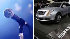 Left: a microphone stand on a stage in very close view, Right: A Cadillac SRX SUV at an auto show